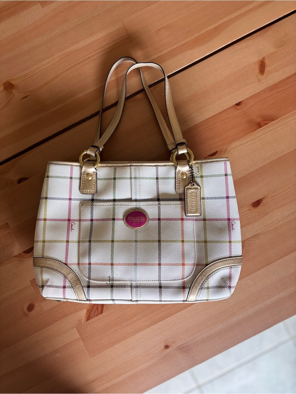 Coach White Plaid Tote with Gold Accents - Picture 2 of 15